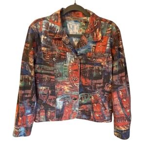 Chicos Vintage Denim Jacket Size 1 Tokyo City Japanese Print Abstract Art Cotton